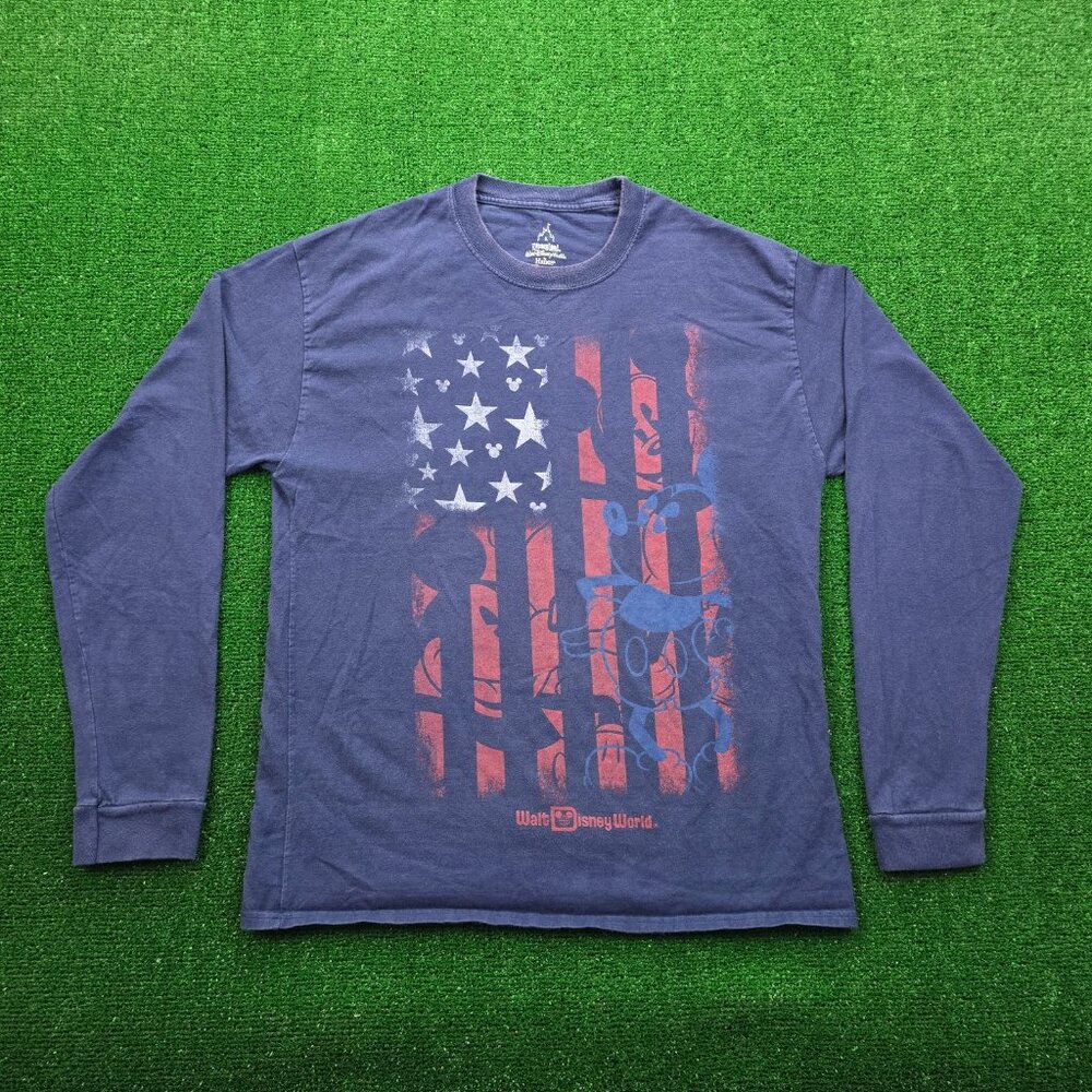 Walt Disney World Mens Tshirt Large Blue Mickey Mouse USA Flag Long Sleeve